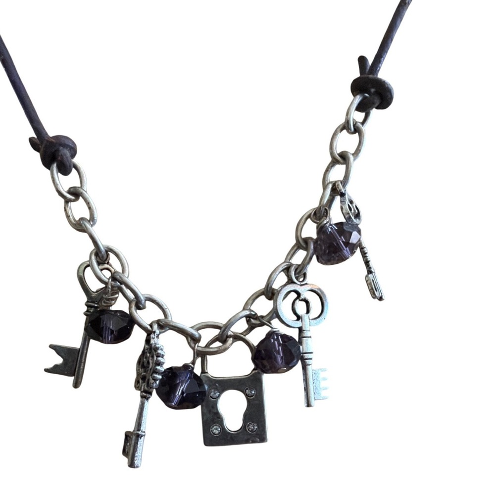 Silver Tone Multi Key and Lock Charm Necklace with Purple Beads Brown Cord